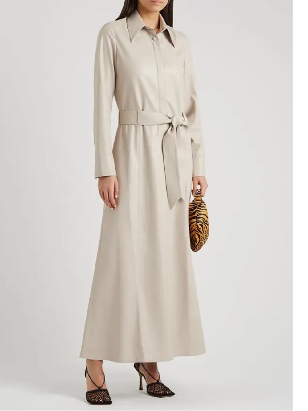 NANUSHKA Neutral Cream vegan Leather Long Sleeve Shirt Dress with Waist Tie